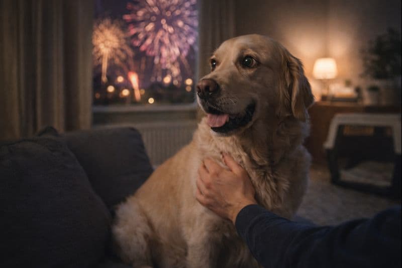 Pies a fajerwerki i hałas